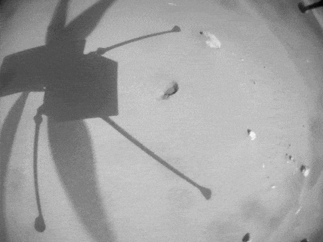 This animated GIF was generated using imagery acquired by the navigation camera aboard NASA’s Ingenuity Mars Helicopter during its 25th flight on April 8, 2022. Covering a distance of 2,310 feet (704 meters) and at a speed of 12 mph (5.5 meters per second), it was the Red Planet rotorcraft’s longest and fastest flight to date. The first frame of the clip shows the view about one second into the flight. After reaching an altitude of 33 feet (10 meters), the helicopter heads southwest, accelerating to its 12 mph maximum speed in less than three seconds. Ingenuity first flies over a group of sand ripples then, about halfway through the video, several rock fields. Finally, relatively flat and featureless terrain appears below, making a good landing spot. The video of the 161.3-second flight was sped up approximately five times.