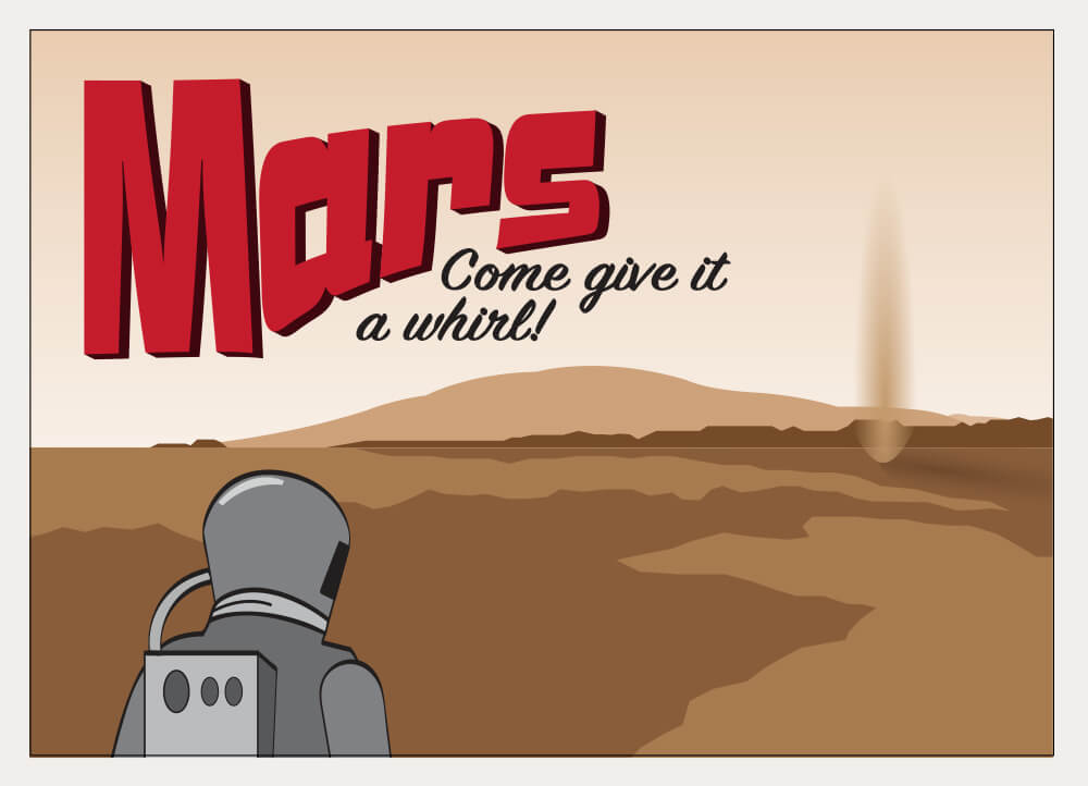 A cartoon shows the brownish-red dirt on the Martian surface, and a person in a spacesuit is entering the scene. A tornado-like column of brown dust and a mountain can be seen in the background. The sky is a pastel orange color.