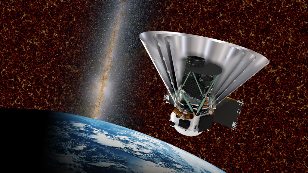 Illustration of NASA’s SPHEREx floating above Earth. The spacecraft has a large silver and white cone on top and is pointing towards space. Behind it is a colorful view of space showing stars and galaxies. The spacecraft will help scientists learn more about how the universe began.