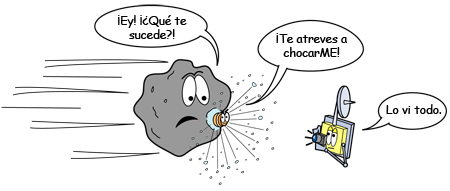 Tira del choque de la sonda Deep Impact con el cometa, mientras la nave nodriza toma una foto y exclama: