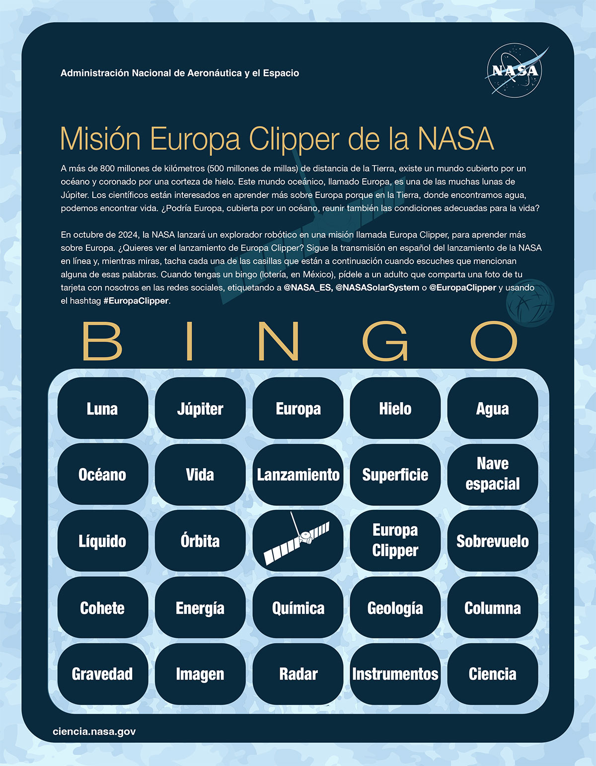 Imagen del cartón BINGO Europa Clipper.