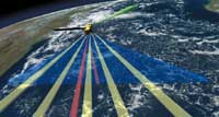 Painting of Aura satellite in orbit above Earth, with rays indicating scans of different instruments.