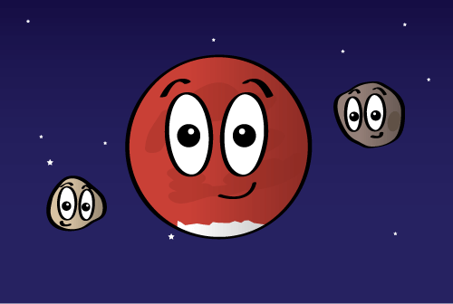 Caricatura de Marte y sus dos lunas, Fobos y Deimos.