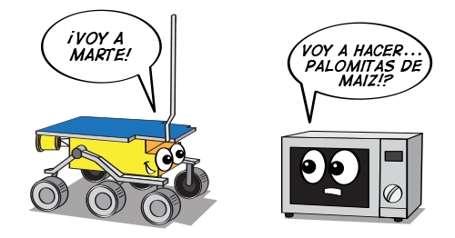 Una ilustración de dibujos animados del rover Sojourner al lado de un horno de microondas