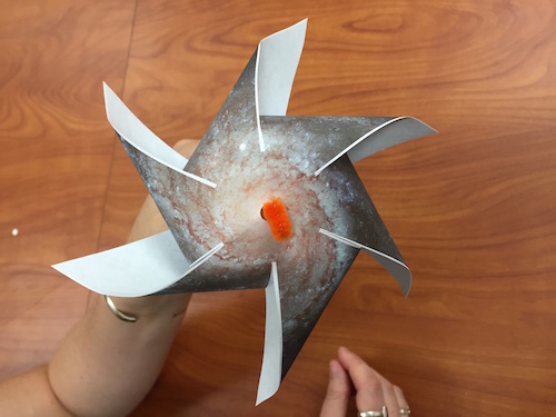 The front of the pinwheel with a bend in the pipecleaner.
