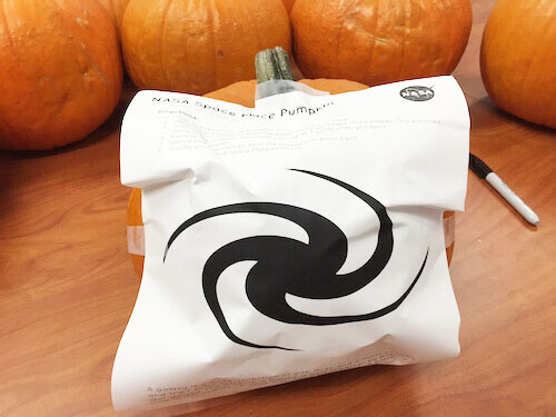 A paper template taped to a pumpkin