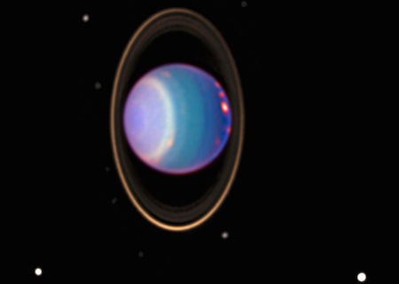 A photo of a blue and purple Uranus surrounded by an orange vertical ring.