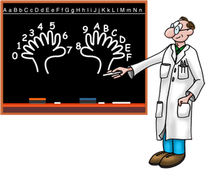 Dr. Marc explains hexadecimal notation at the blackboard