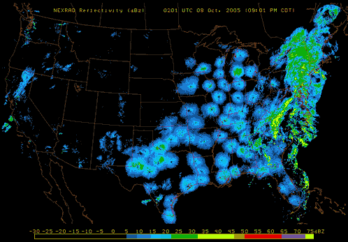 película GIF de los datos de un radar meteorológico en los EE. UU. Las aves aparecen cuando el sol se pone, de este a oeste.