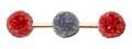 One purple (carbon) gumdrop joined by half-toothpicks to two red (oxygen) gumdrops.