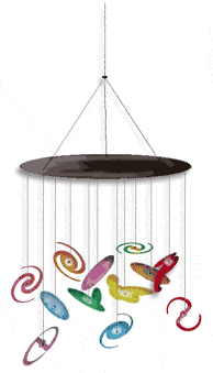 Cartoon of a mobile with a bunch of different galaxies'