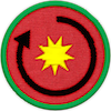 una insignia con un sol y una flecha que lo envuelve, mostrando la revolución alrededor del sol