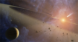 Epsilon Eridani: The closest known planetary system to our own might look like this. The Spitzer Space Telescope has detected two asteroid belts, a couple of planets, and an outer ring of comets.