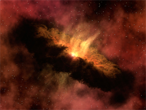 Baby solar system: Spitzer has discovered an infant solar system like the one in this artwork, with enough water vapor to fill the oceans on Earth five times.  Eventually, this water might make its way into developing planets.