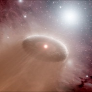 Planet formation: Artwork of a star like our Sun surrounded by a disk of dusty debris that might form into planets—except all the dust is being blasted away by a much larger, hotter star nearby.