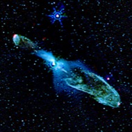 Bubbles: A bubble-blowing baby star appears as a small white dot in the center. It is shooting out jets of gas that smash into a surrounding cloud of dust and gas, forming bubbles.