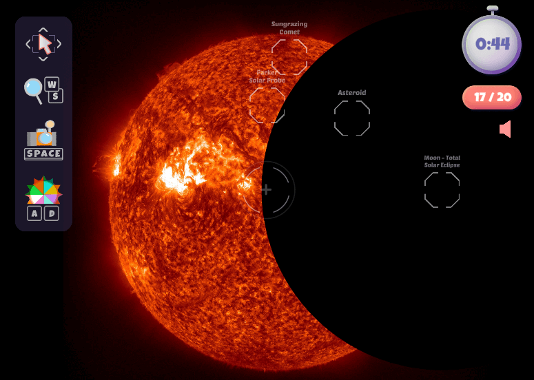 A view of the game shows an object crossing in front of the Sun, surrounded by icons related to gameplay.