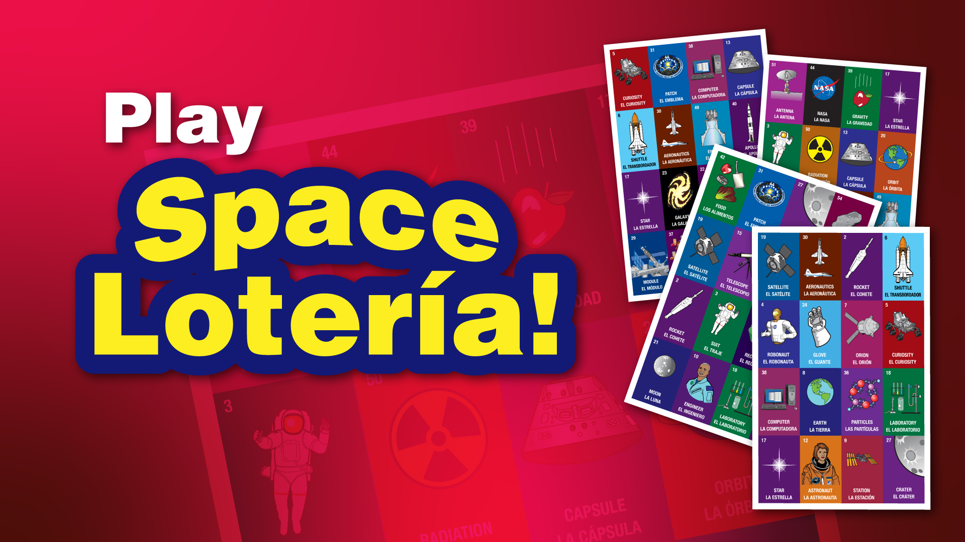 Text reads Play Space Loteria and 4 game cards are scattered next to the text.