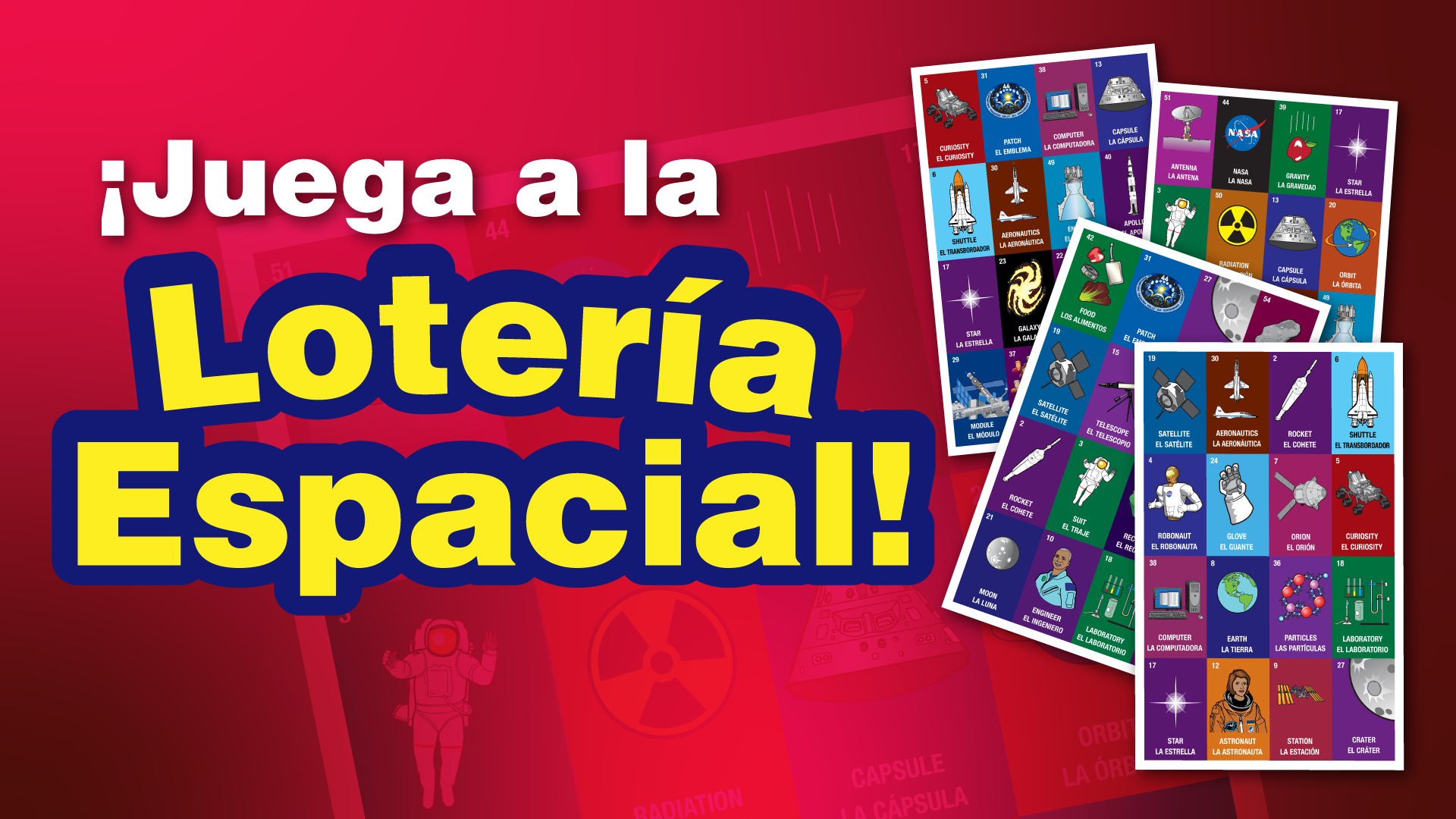 El texto dice Juega a la Lotería Espacial y hay cuatro tarjetas de juego esparcidas junto al texto.