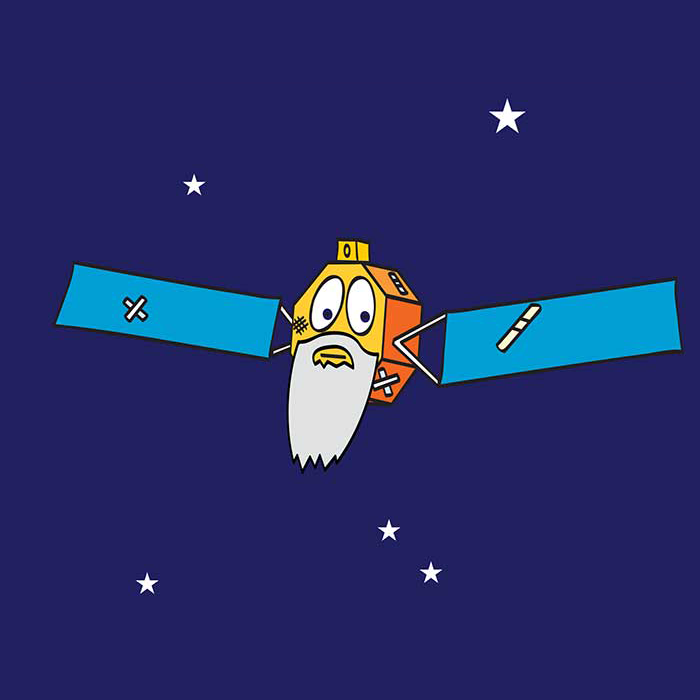 an illustration of a satellite with bandages and an old man's face