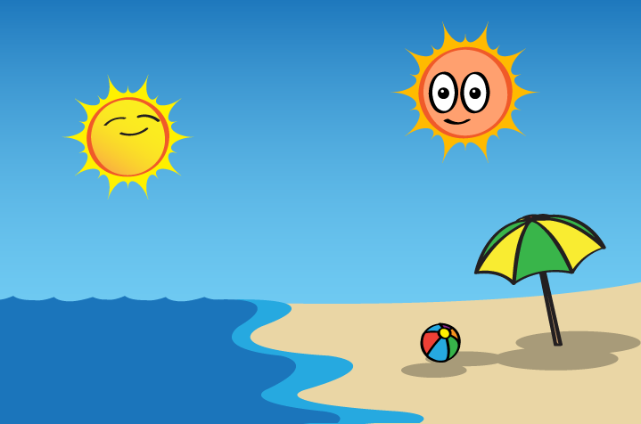 Dibujos animados de dos soles sonriendo sobre una playa