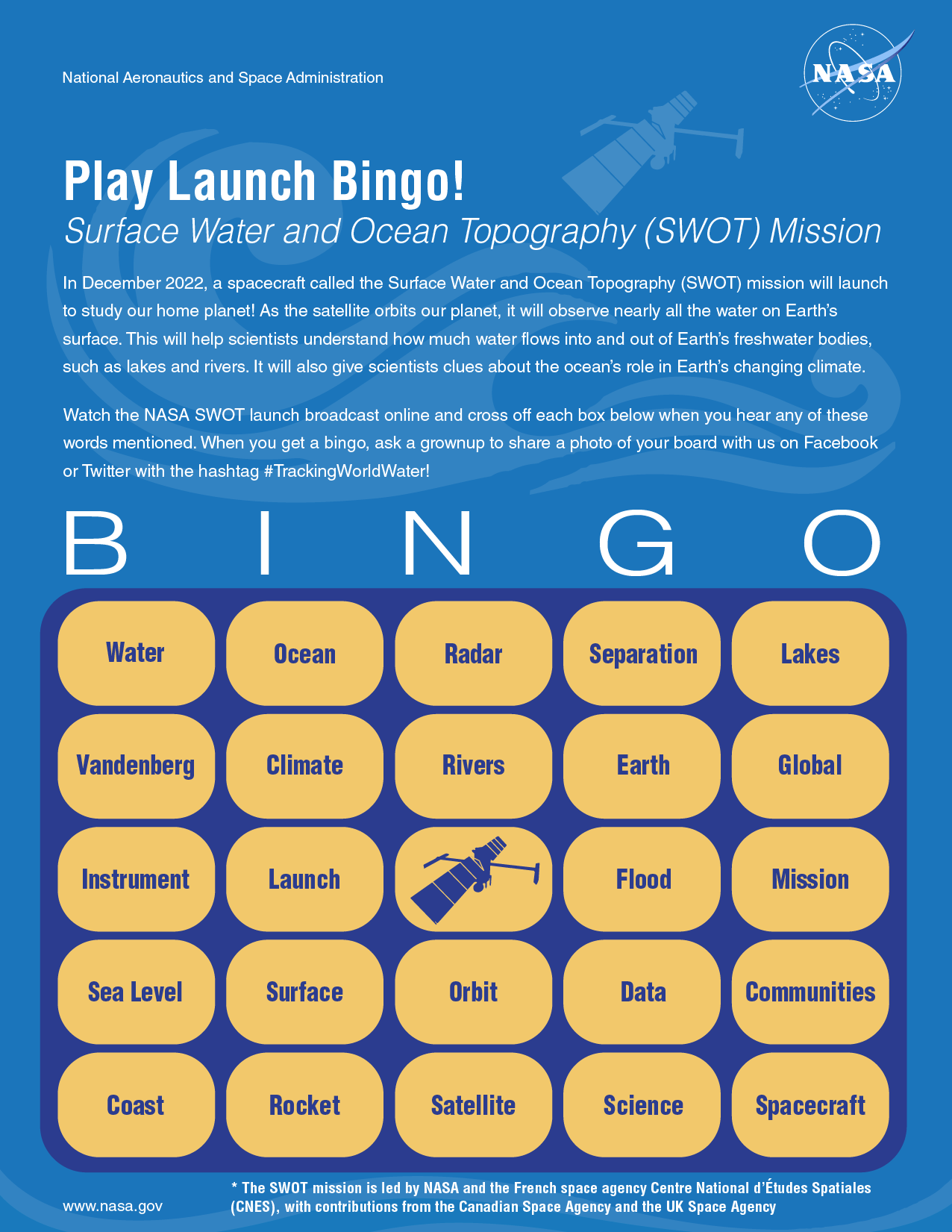 Bingo card with words to cross off during the launch of SWOT. The top of the card reads "Play Launch Bingo! Surface Water and Ocean Topography (SWOT) Mission. In December 2022, a spacecraft called the Surface Water and Ocean Topography (SWOT) mission is launching to study our home planet! As the satellite orbits our planet, it will observe nearly all the water on Earth’s surface. This will help scientists understand how much water flows into and out of Earth’s freshwater bodies, such as lakes and rivers. It will also give scientists clues about the ocean’s role in Earth’s changing climate. Watch the NASA SWOT launch broadcast online and cross off each box below when you hear any of these words mentioned. When you get a bingo, ask a grownup to share a photo of your board with us on Facebook or Twitter with the hashtag #TrackingWorldWater!". The Bingo board is five columns wide by five rows tall. The first row has the words water, ocean, radar, separation, and lakes. The second row has the words Vandenberg, climate, rivers, Earth, and global. The third row has the words instrument, launch, free space, flood, and mission. The fourth row has the words sea level, surface, orbit, data, and communities. The fifth row has the words coast, rocket, satellite, science, and spacecraft.